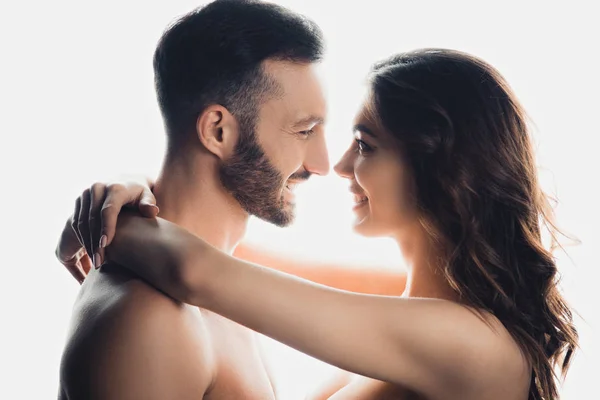 Side View Nude Smiling Couple Embracing Isolated White — Stock Photo, Image