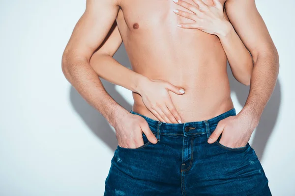 Partial View Woman Embracing Shirtless Boyfriend Grey — Stock Photo, Image