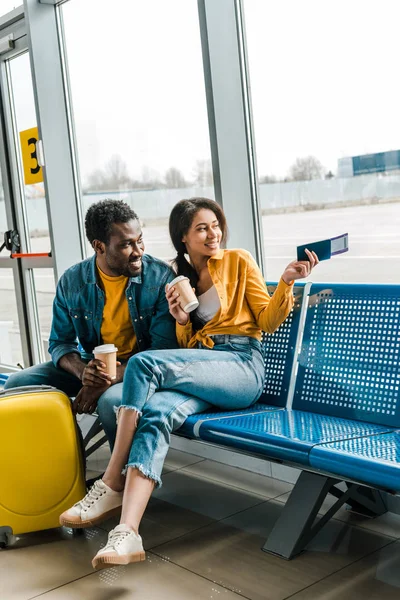 Smiling African American Couple Sitting Departure Lounge Coffee Air Tickets — Stock Photo, Image