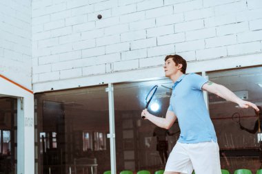 Sportsman in blue polo shirt playing squash in four-walled court clipart