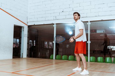 Dört duvarlı kortta squash oynayan kırmızı şortlu sporcunun tam boy görünümü