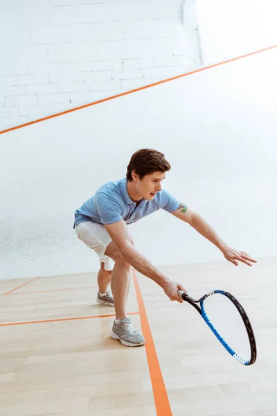 Emotional Sportsman Blue Polo Shirt Playing Squash Four Walled Court — Stock Photo, Image