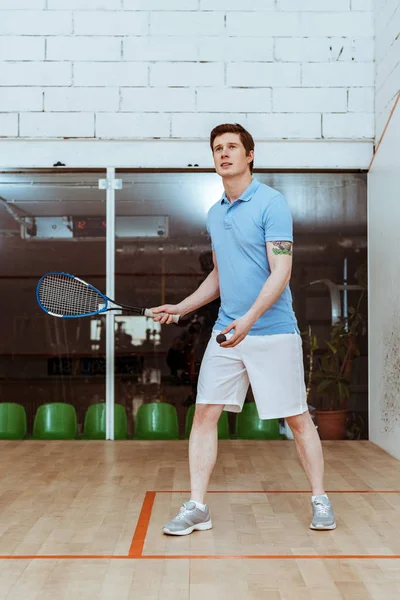 Full Length View Sportsman Blue Polo Shirt Playing Squash Four — Stock Photo, Image