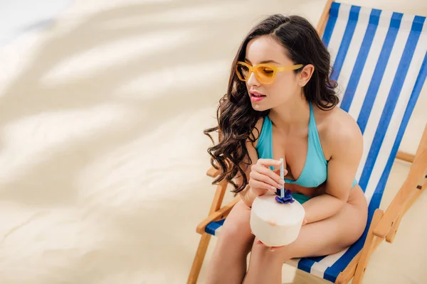 Beautiful Girl Bikini Coconut Cocktail Sitting Deck Chair Beach Copy — Stock Photo, Image