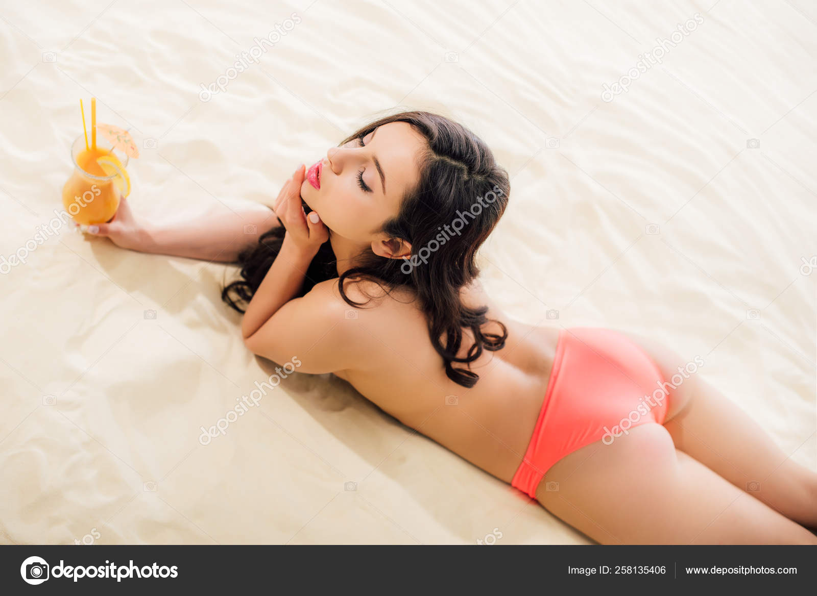 Beautiful Topless Girl Cocktail Eyes Closed Lying Beach Stock Photo C Vitalikradko 258135406