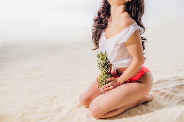 kumlu plajda ananas ile oturan ve poz kız kırpılmış görünümü