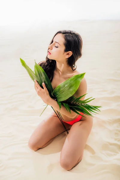 Bela Menina Sexy Cobrindo Seios Com Folhas Posando Praia — Fotografia de Stock