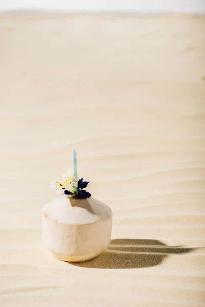 Cocktail Cocco Con Fiore Sulla Spiaggia Sabbiosa Con Spazio Copia — Foto Stock