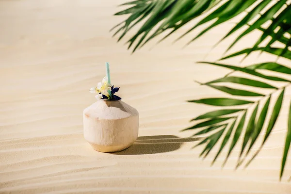 Selektiver Fokus Des Kokoscocktails Mit Blüten Und Palmblättern Strand — Stockfoto