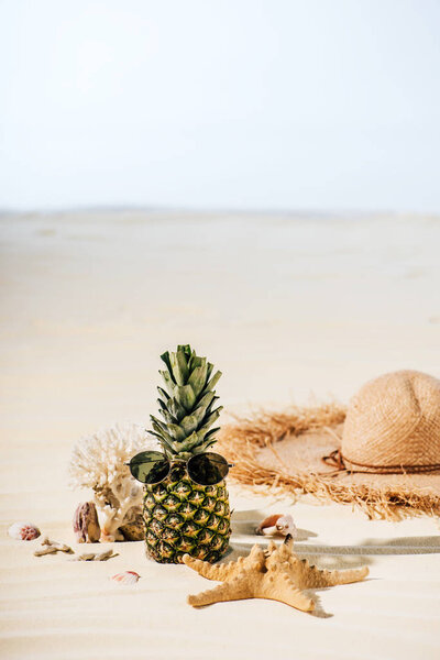 pineapple with sunglasses, starfish, Straw Hat and sea stones on beach with copy space