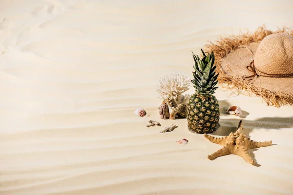 Ananas Słomkowy Kapelusz Rozgwiazdy Koralowce Kamienie Morskie Plaży Kopią — Zdjęcie stockowe