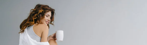 Panoramic Shot Happy Attractive Young Woman Holding Cup Coffee Grey — Stock Photo, Image