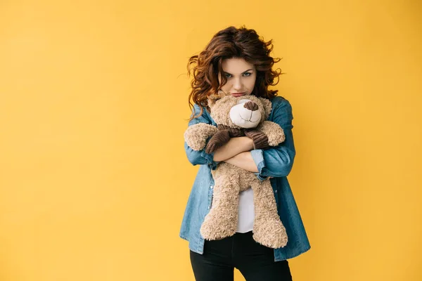 Upset Curly Redhead Young Woman Holding Teddy Bear Orange — Stock Photo, Image