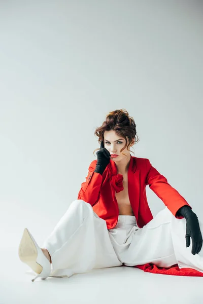 Sad Pretty Young Woman Red Hair Sitting White — Stock Photo, Image