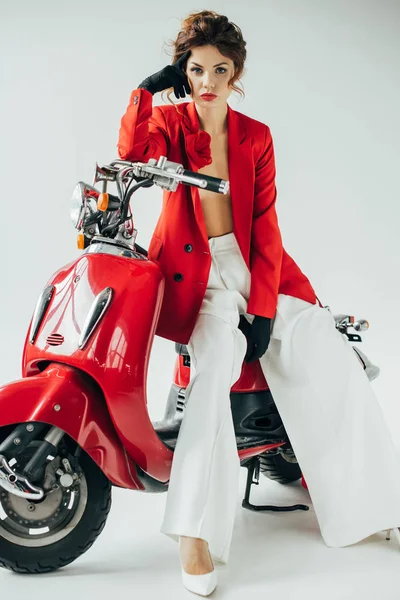 Beautiful Young Woman Sitting Red Motorcycle Looking Camera White — Stock Photo, Image