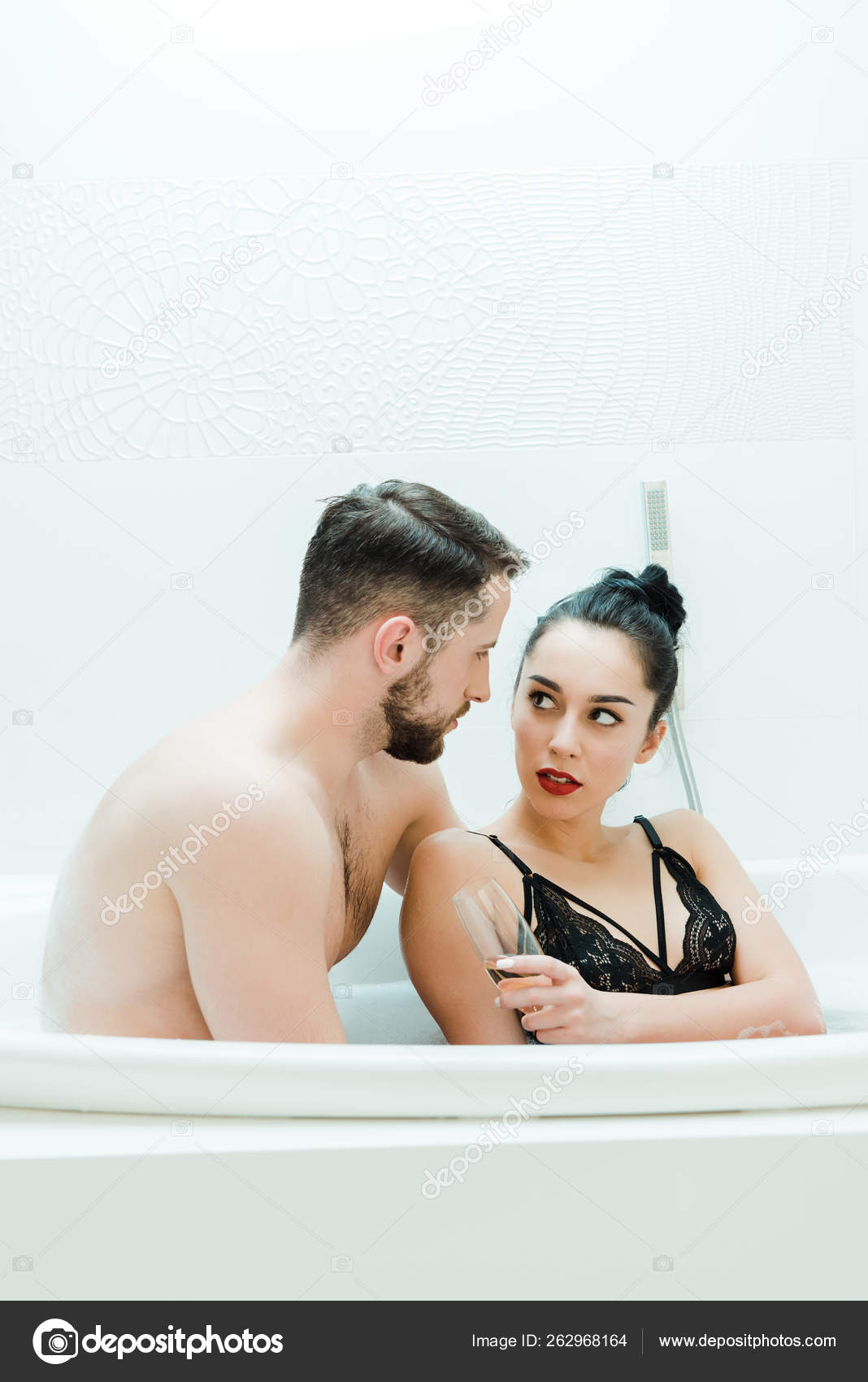 Handsome Shirtless Man Looking Brunette Woman Holding