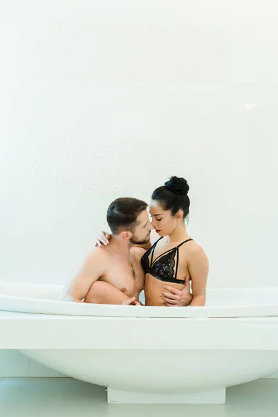 Handsome Shirtless Man Looking Touching Sexy Brunette Woman Black Bra — Stock Photo, Image