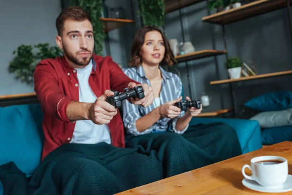 Selective Focus Handsome Man Brunette Woman Playing Video Game Living — Stock Photo, Image