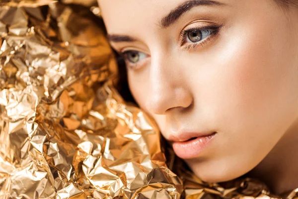 Portrait Young Woman Shiny Makeup Golden Foil Looking Away — Stock Photo, Image