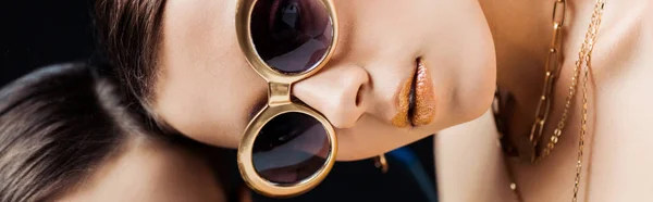 Panoramic Shot Young Naked Woman Sunglasses Golden Necklaces Lying Mirror — Stock Photo, Image