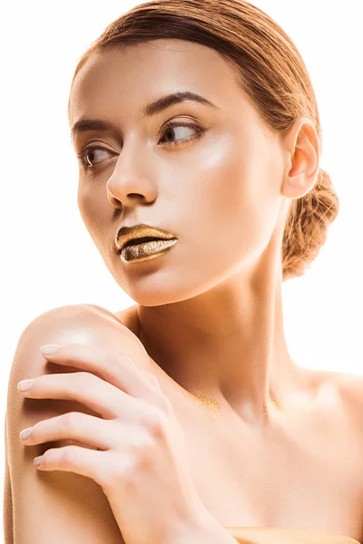 Young Beautiful Woman Shiny Golden Makeup Isolated White — 스톡 사진