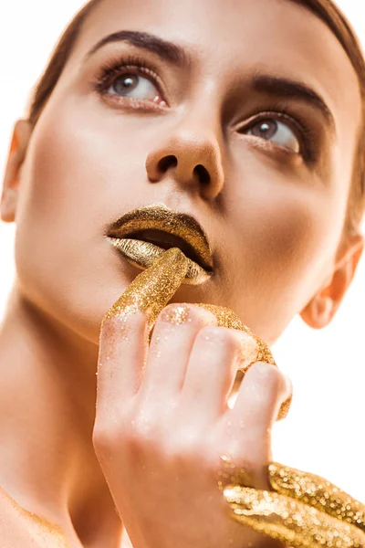 Young Beautiful Woman Golden Makeup Sparkles Fingers Touching Lips Looking — Stock Photo, Image