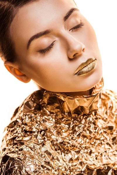 Young Beautiful Woman Closed Eyes Golden Lips Golden Foil Isolated — Stock Photo, Image