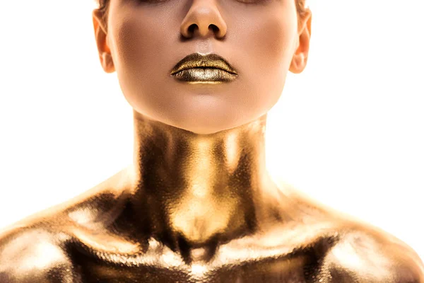 Beyaz Izole Altın Boyalı Çıplak Kadın Kırpılmış Görünümü — Stok fotoğraf