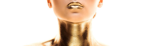 панорамный снимок обнаженной женщины, окрашенной в золотистую изоляцию на белом
