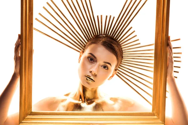 Nude Young Woman Painted Golden Accessory Head Holding Frame Looking — Stock Photo, Image
