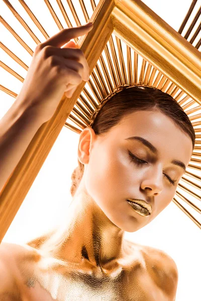 Nude Young Woman Painted Golden Accessory Head Closed Eyes Holding — Stock Photo, Image