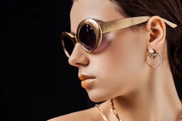 Young Nude Woman Sunglasses Golden Earring Necklaces Isolated Black Royalty Free Stock Images