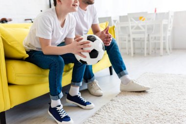 evde futbol topu ile kanepede spor maçı izlerken baba ve oğul kırpılmış görünümü