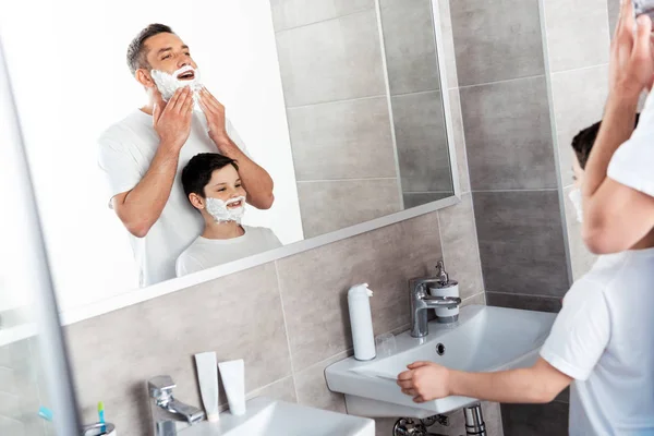 Son Father Shaving Cream Faces Bathroom — Stock Photo, Image