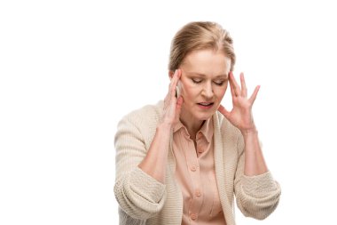 exhausted middle aged woman touching head while having headache Isolated On White clipart