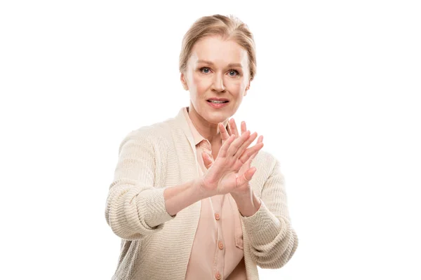 Confused Middle Aged Woman Showing Stop Sign Isolated White — Stock Photo, Image