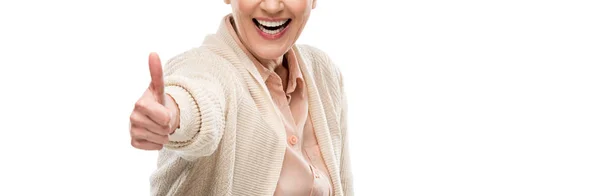 Panoramic Shot Excited Middle Aged Woman Showing Thumb Isolated White — Stock Photo, Image