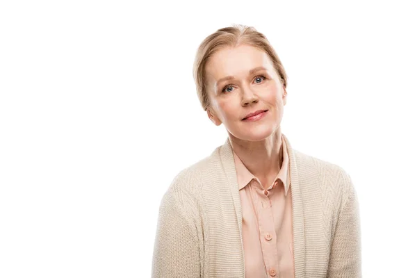 Schöne Frau Mittleren Alters Isoliert Auf Weiß Mit Kopierraum — Stockfoto