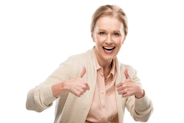 Excited Middle Aged Woman Showing Thumb Signs Isolated White — Stock Photo, Image