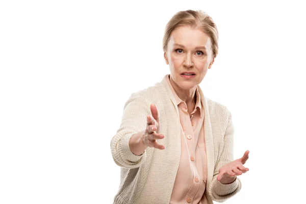 Confused Middle Aged Woman Looking Camera Gesturing Hands Isolated White — Stock Photo, Image