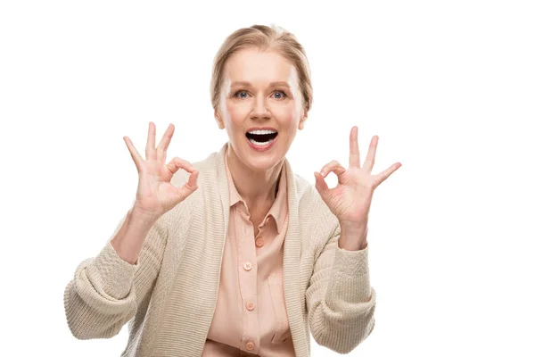 Excited Middle Aged Woman Showing Signs Isolated White — Stock Photo, Image