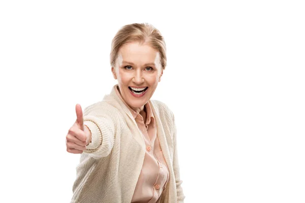 Excited Middle Aged Woman Showing Thumb Sign Isolated White — Stock Photo, Image