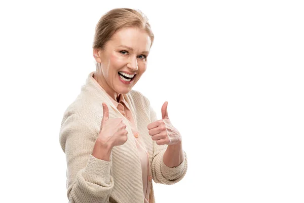 Excited Middle Aged Woman Showing Thumb Signs Isolated White — Stock Photo, Image