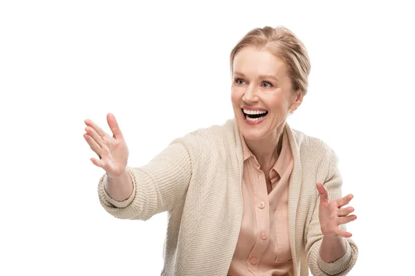 Excited Middle Aged Woman Gesturing Hands Isolated White — Stock Photo, Image