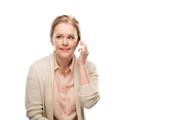 Middle Aged Woman Talking Smartphone Isolated White Copy Space — Stock Photo, Image