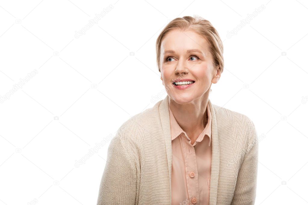 happy middle aged woman Isolated On White with copy space