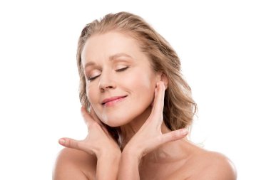 temiz yüz gesturing İzole Beyaz ile güzel olgun kadın