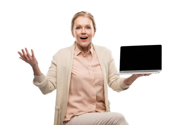 Excited Middle Aged Woman Holding Laptop Blank Screen Isolated White — Stock Photo, Image