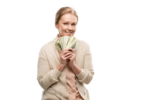 Glückliche Frau Mittleren Alters Mit Dollarnoten Auf Weißem Grund — Stockfoto