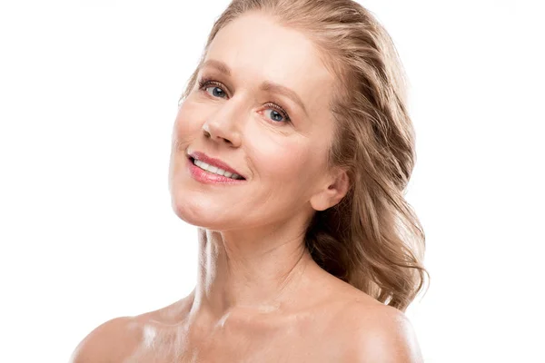 Beautiful Smiling Middle Aged Woman Clean Face Isolated White — Stock Photo, Image